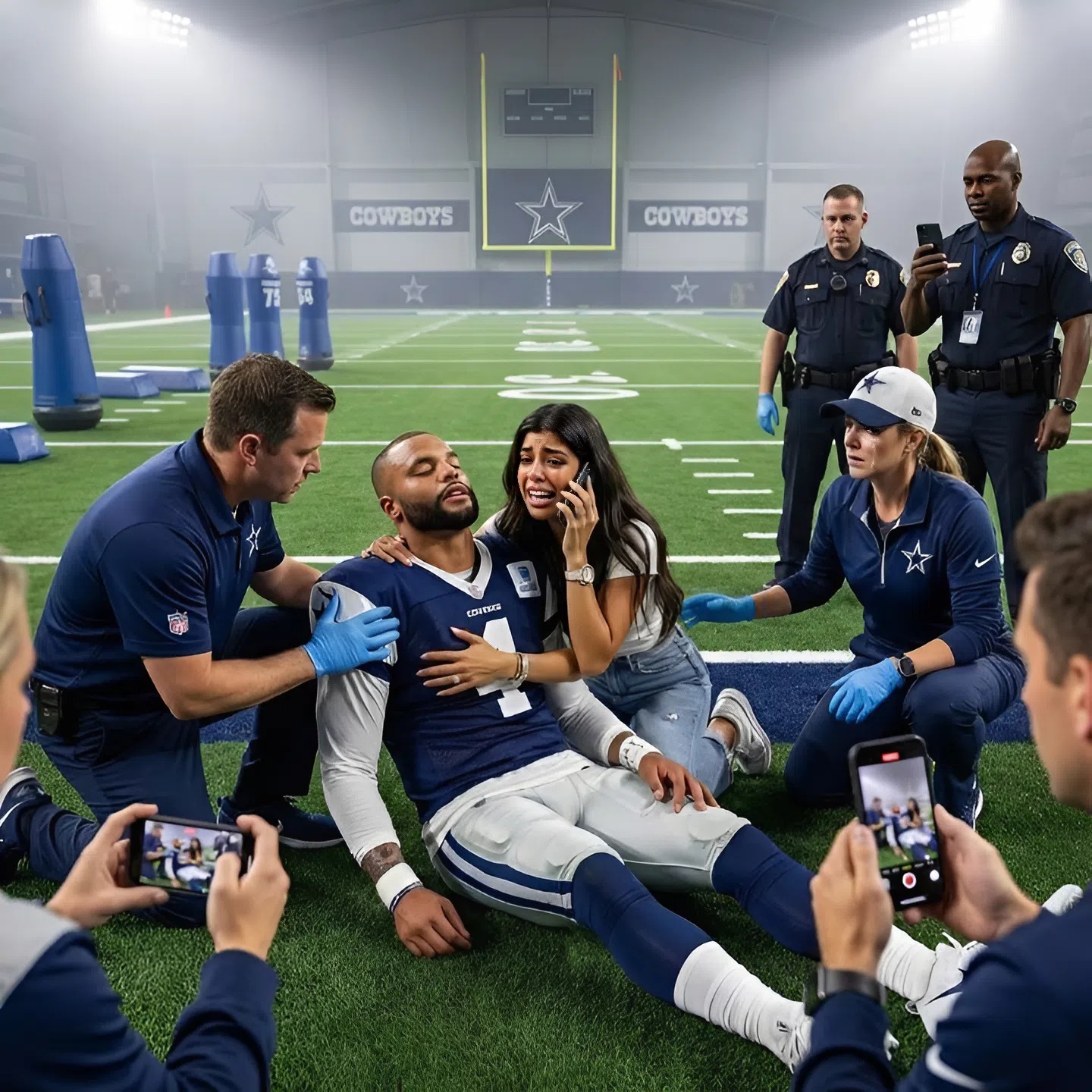 Heart-stopping moment on the practice field as Sarah Jane Ramos races to aid Dak Prescott after a sudden collapse, leaving fans in disbelief and teammates frozen in shock.